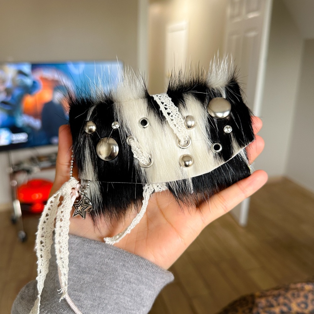Faux Fur Black & White Studded Bracelet
